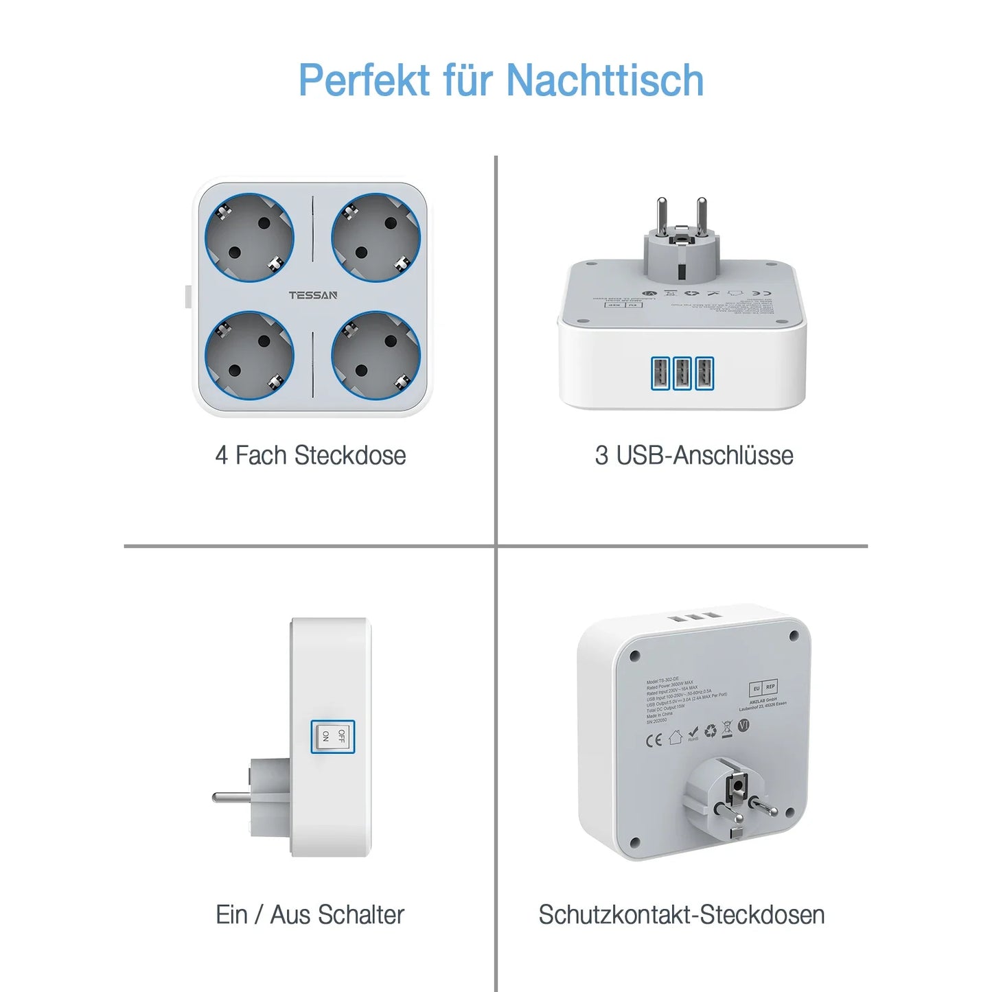 TESSAN multiprise à prises murales multiples avec 4 prises ca et 3 Ports USB adaptateur 7 en 1 protection contre les surcharges pour le bureau à domicile