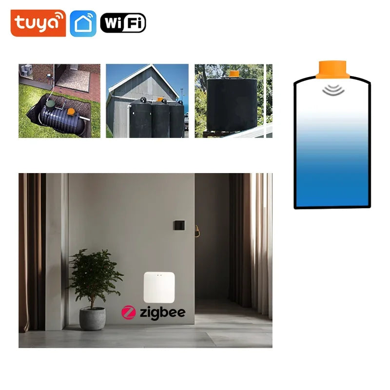 Tuya SmartZigbee-Capteur de niveau de liquide à ultrasons, moniteur d'eau précieuse, notification d'alarme en temps réel, IOS, Android, contrôle par distance