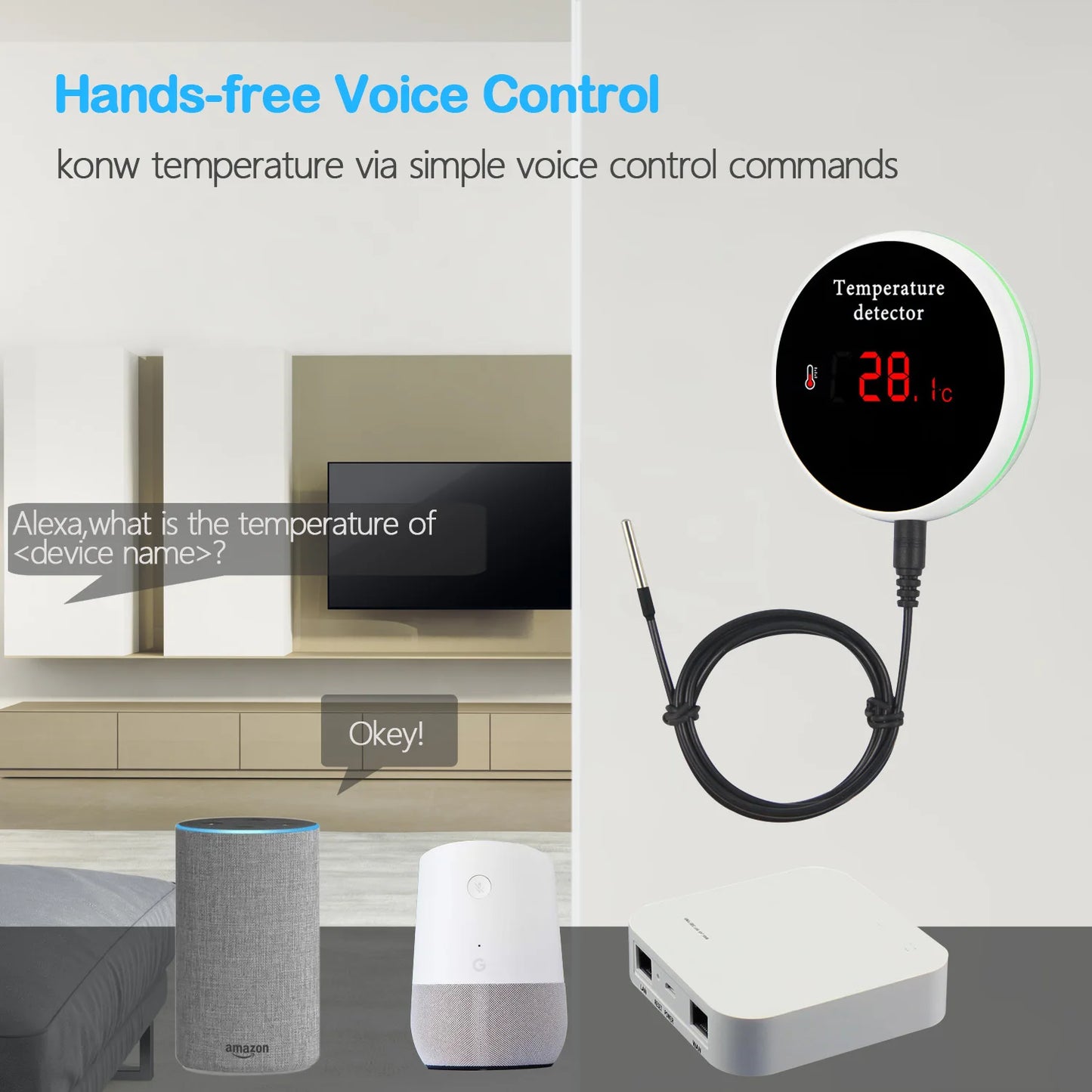 Haozee Tuya Thermomètre WIFI intelligent avec sonde de température externe Charge USB ou batterie rechargeable