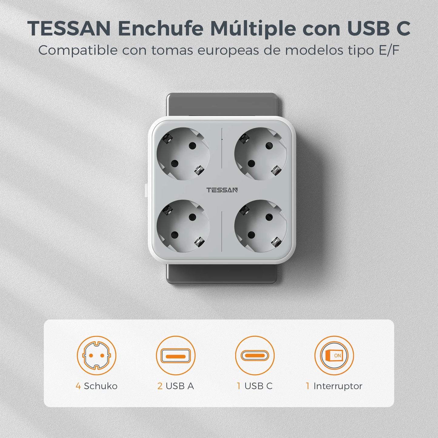 TESSAN multiprise à prises murales multiples avec 4 prises ca et 3 Ports USB adaptateur 7 en 1 protection contre les surcharges pour le bureau à domicile