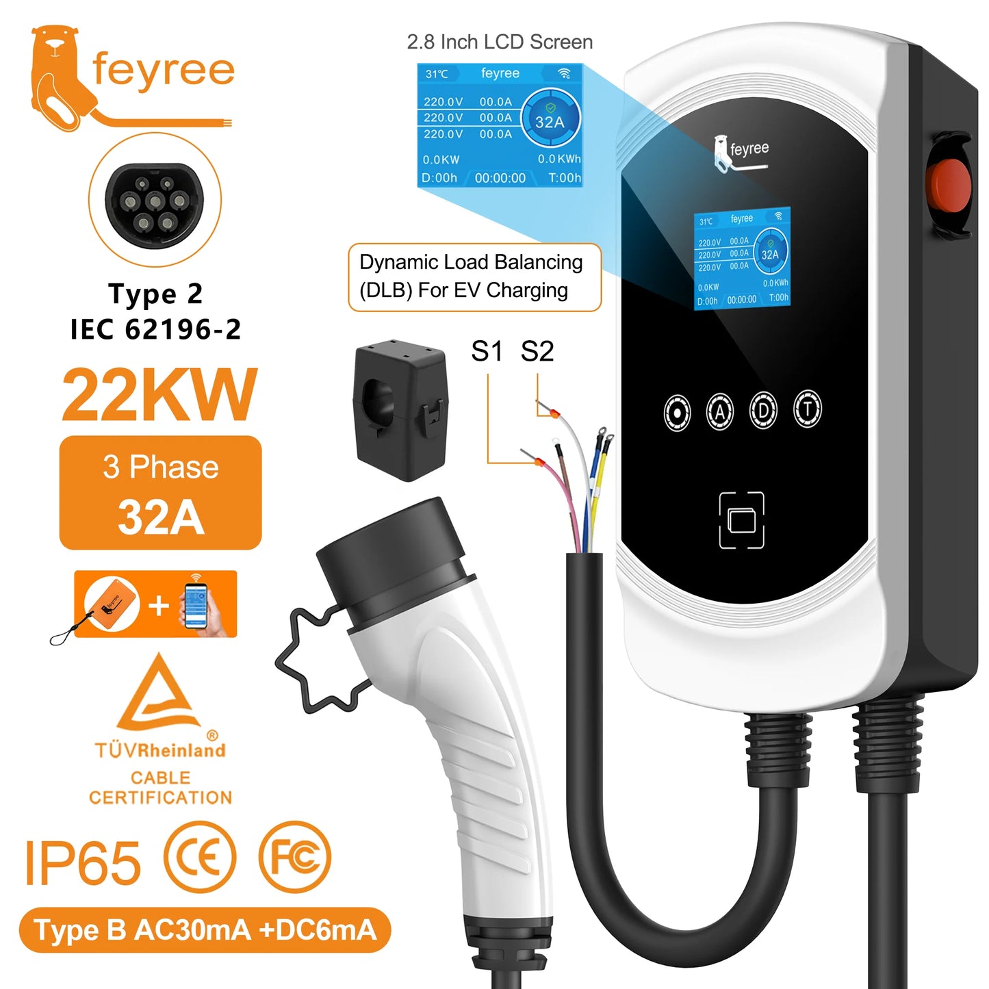Feyree EV chargeur Type2 câble 32A 7.6kW charge dynamique blancage EVSE Wallbox APP fonction 11kW 22kW Station de charge voiture électrique