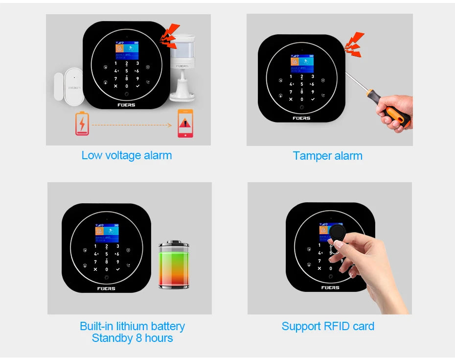 FUERS G12 Tuya WiFi GSM système d'alarme de sécurité sans fil maison affaires alarme antivol avec sirène RFID détecteur de mouvement capteur de fumée