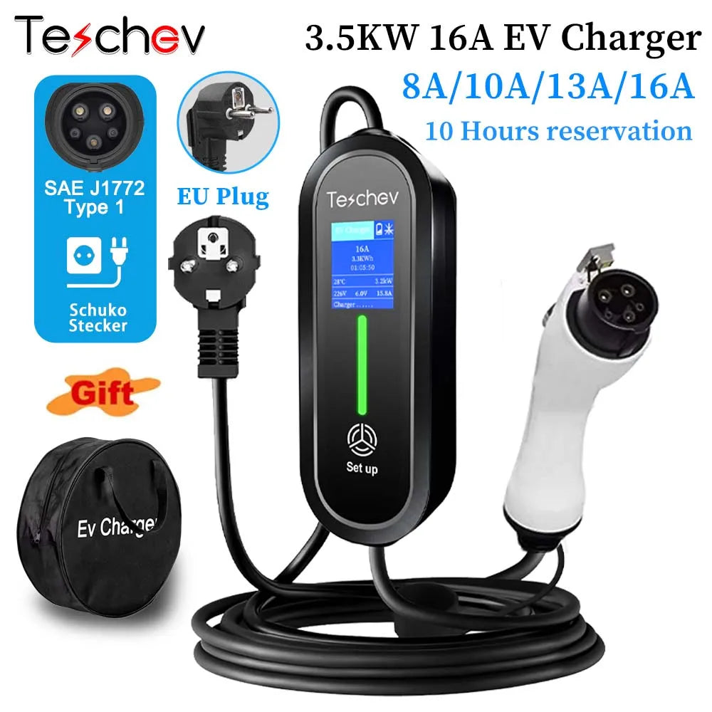 Teschev 3.5KW chargeur EV Portable Type 1 J1772 16A câble de charge GBT Wallbox EVSE Type 2 Stations de charge pour véhicule électrique
