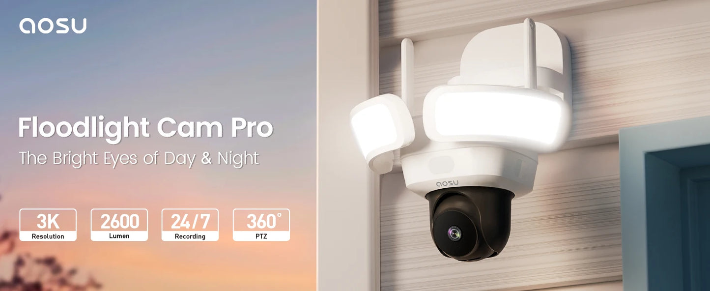 AOSU 5MP UHD WiFi Projecteur Caméra Extérieure 360 °   Vue couleur Vision nocturne Caméra de sécurité sans fil Détection PIR Audio bidirectionnel