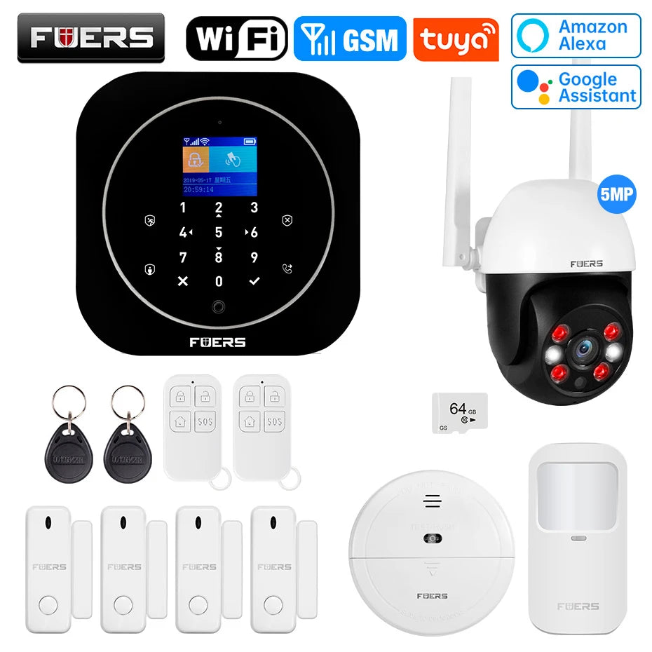 FUERS G12 Tuya WiFi GSM système d'alarme de sécurité sans fil maison affaires alarme antivol avec sirène RFID détecteur de mouvement capteur de fumée