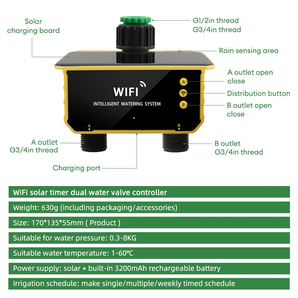 Yieryi-Minuterie d'Irrigation Solaire WIFI 1/2 Voies, Tuya/Smart Life, Valve Intelligente, Jardin Extérieur, Goutte à Goutte