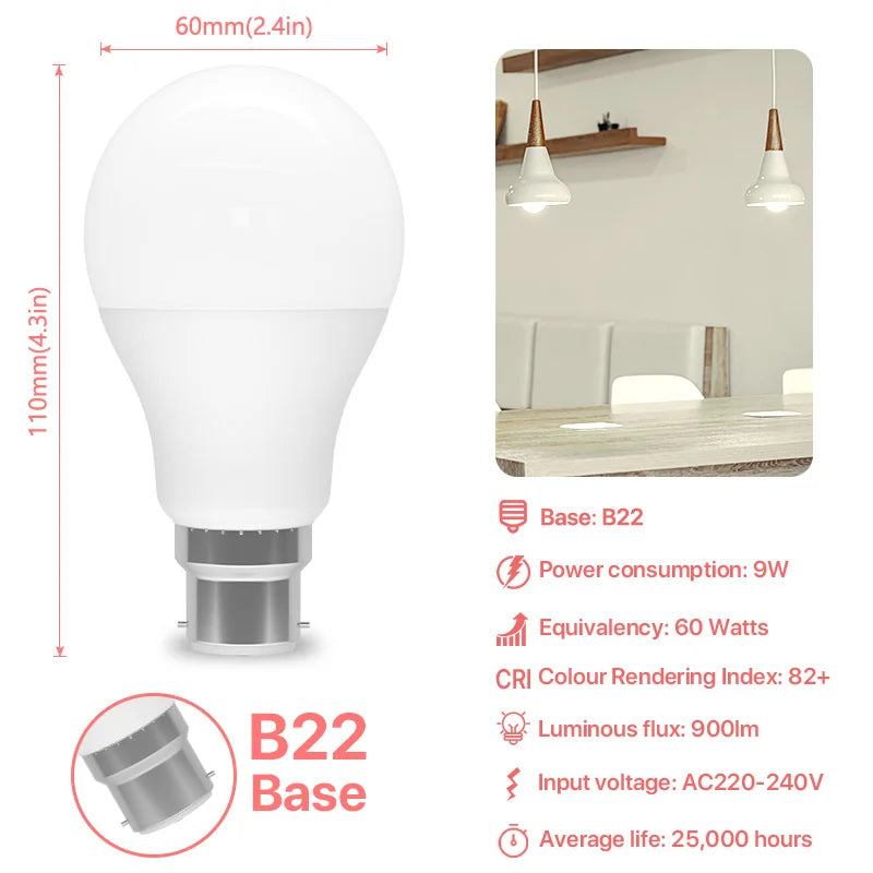 Ampoule à baïonnette à économie d'énergie, ampoules LED, non dimmable, AC220V, 9W, 900LM, B22, 3000K, 4000K, 6500K, BC, A60, GLS, 6 pièces