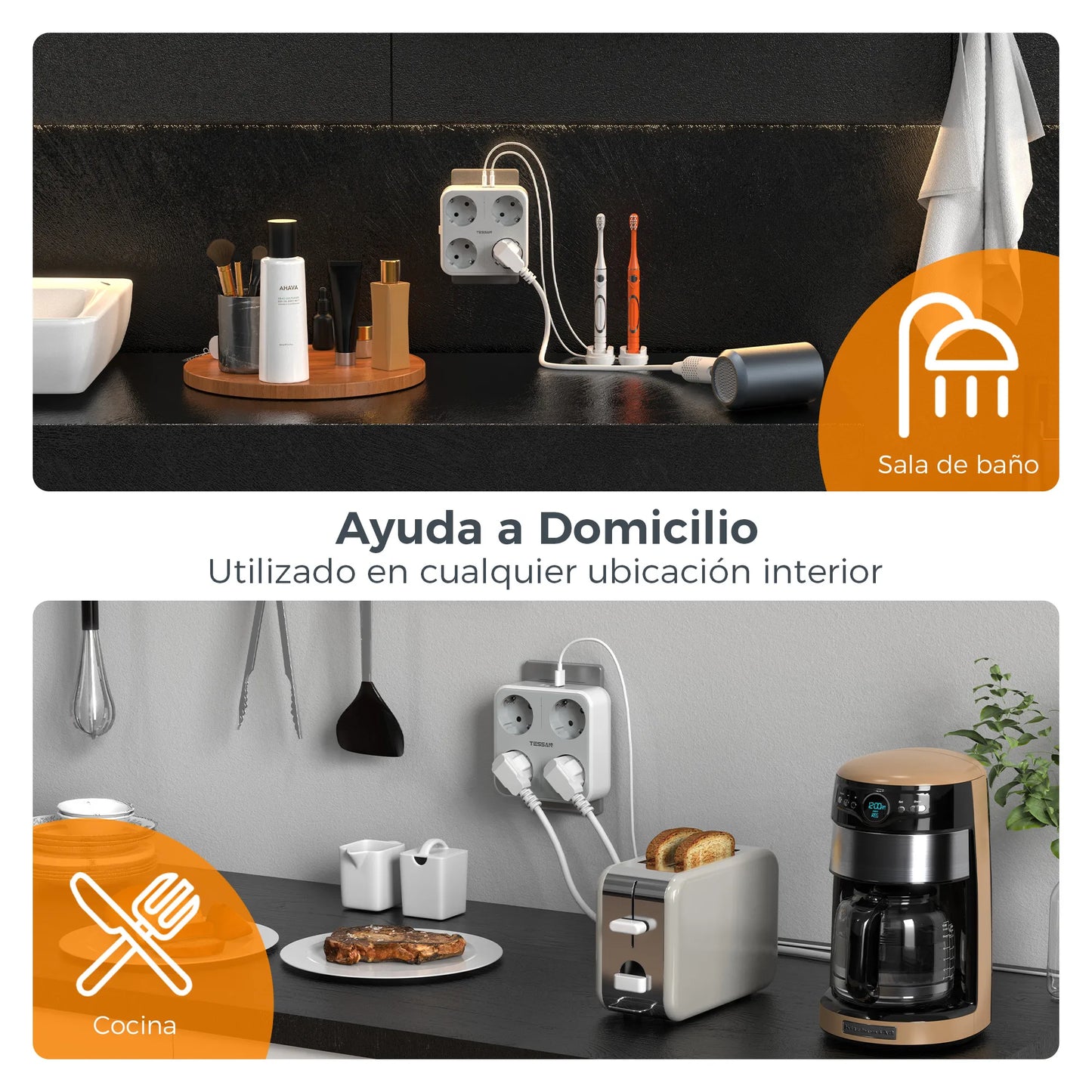 TESSAN multiprise à prises murales multiples avec 4 prises ca et 3 Ports USB adaptateur 7 en 1 protection contre les surcharges pour le bureau à domicile