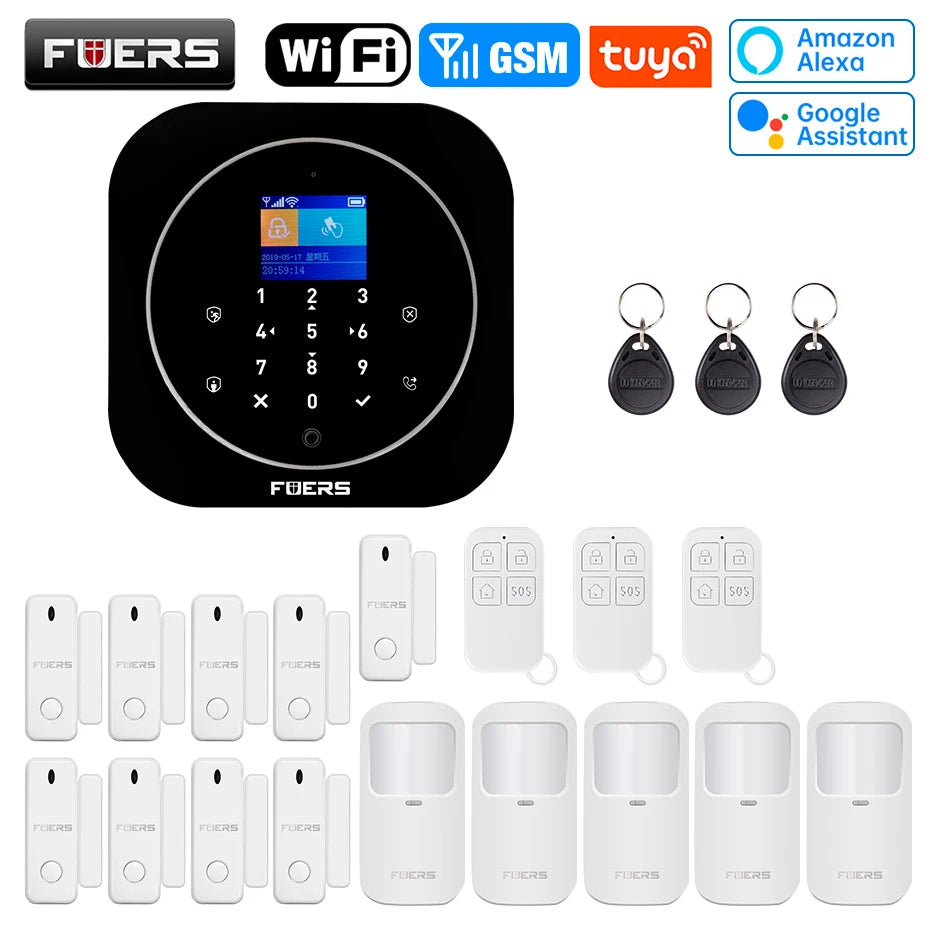 FUERS G12 Tuya WiFi GSM système d'alarme de sécurité sans fil maison affaires alarme antivol avec sirène RFID détecteur de mouvement capteur de fumée