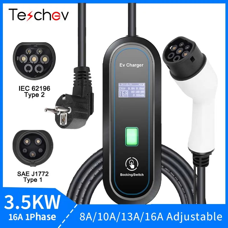 Teschev chargeur EV Portable 220V 3.5KW J1772 Type 1 IEC62196-2 Type 2 chargeur 16A chargeur à courant réglable pour voiture électrique