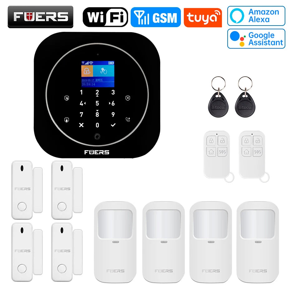 FUERS G12 Tuya WiFi GSM système d'alarme de sécurité sans fil maison affaires alarme antivol avec sirène RFID détecteur de mouvement capteur de fumée