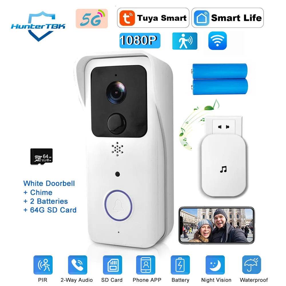 Sonnette vidéo WiFi 5G 2.4G, 1080P, Tuya, interphone intelligent sans fil pour l'extérieur, caméra sans fil étanche avec sonnerie d'alimentation AC/DC
