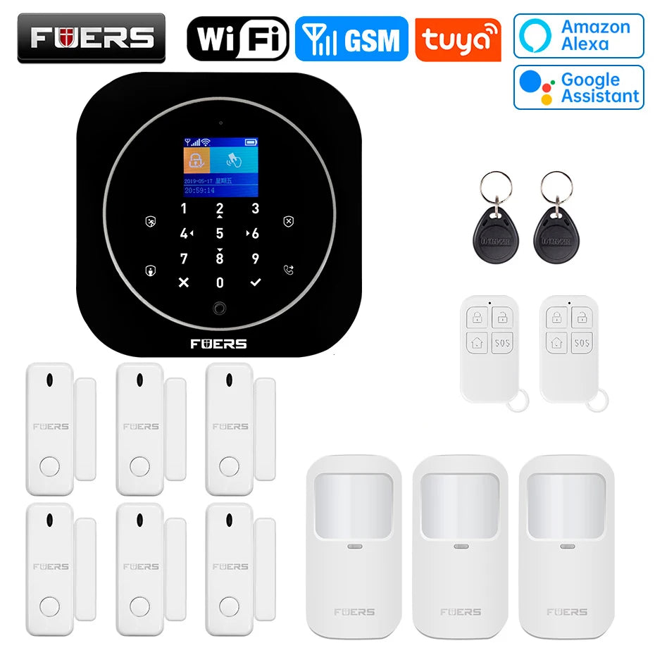 FUERS G12 Tuya WiFi GSM système d'alarme de sécurité sans fil maison affaires alarme antivol avec sirène RFID détecteur de mouvement capteur de fumée