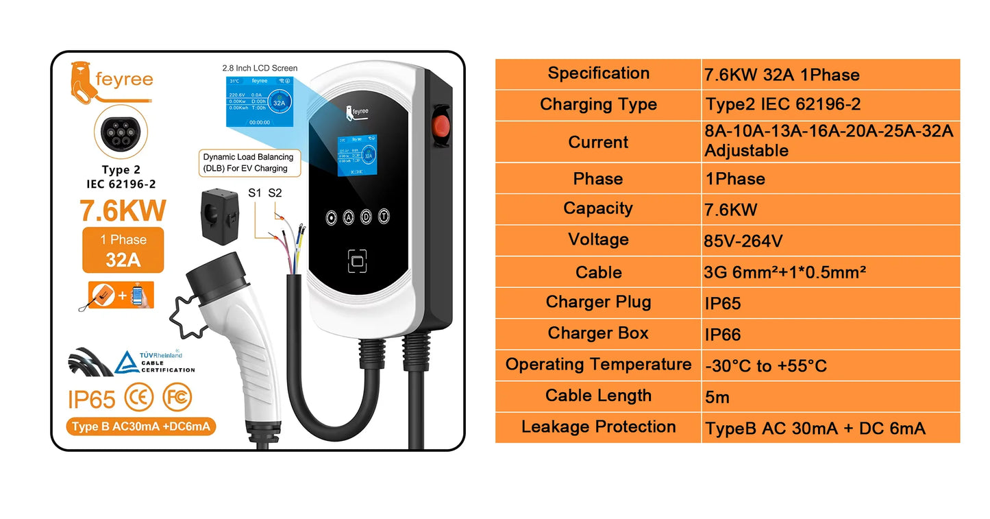 Feyree EV chargeur Type2 câble 32A 7.6kW charge dynamique blancage EVSE Wallbox APP fonction 11kW 22kW Station de charge voiture électrique