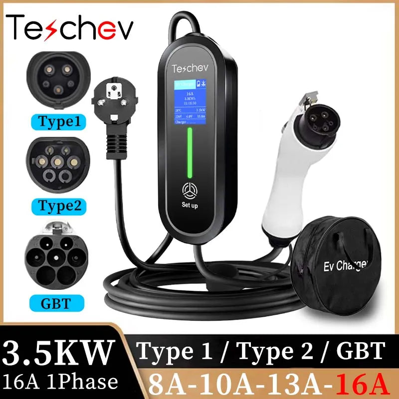 Teschev 3.5KW chargeur EV Portable Type 1 J1772 16A câble de charge GBT Wallbox EVSE Type 2 Stations de charge pour véhicule électrique