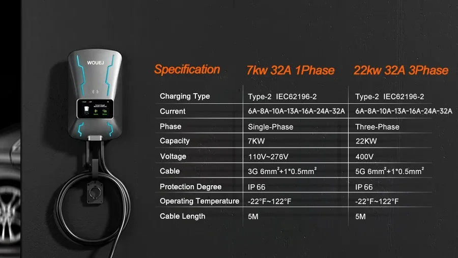 WOUEJ EV Station de charge W3 Type 2 7KW 32A 1 phase chargeur de véhicule électrique Wallbox APP commande vocale carte RFID écran LCD