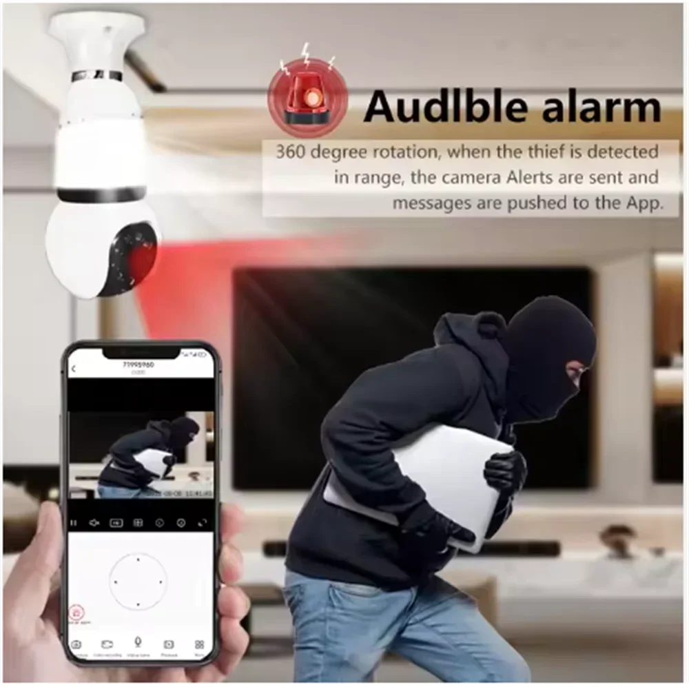 5MP lampe E27 ampoule WiFi caméra LED ampoule caméra IP intelligente surveillance PTZ 8X Zoom suivi Audio bidirectionnel Vision nocturne caméra sans fil