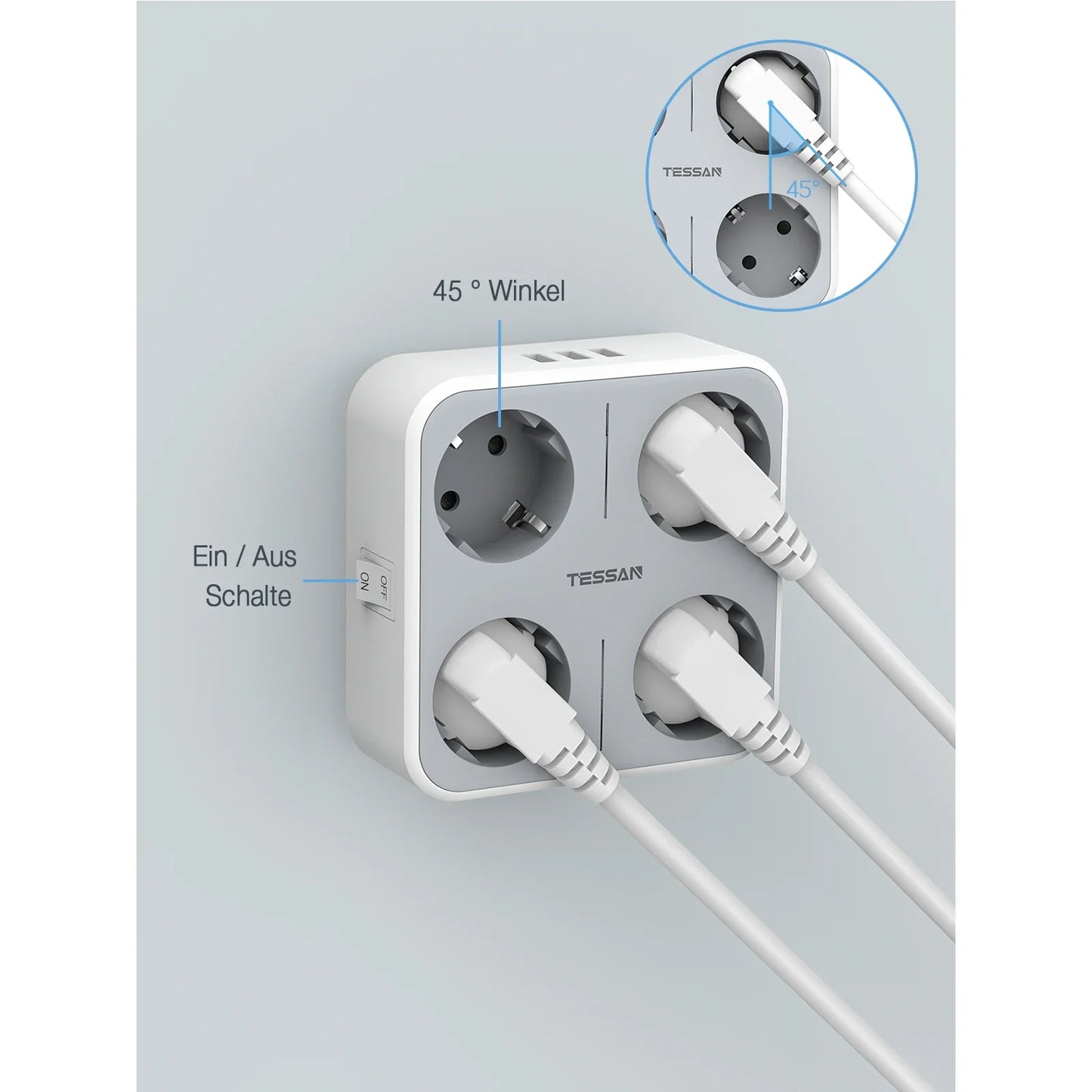 TESSAN multiprise à prises murales multiples avec 4 prises ca et 3 Ports USB adaptateur 7 en 1 protection contre les surcharges pour le bureau à domicile