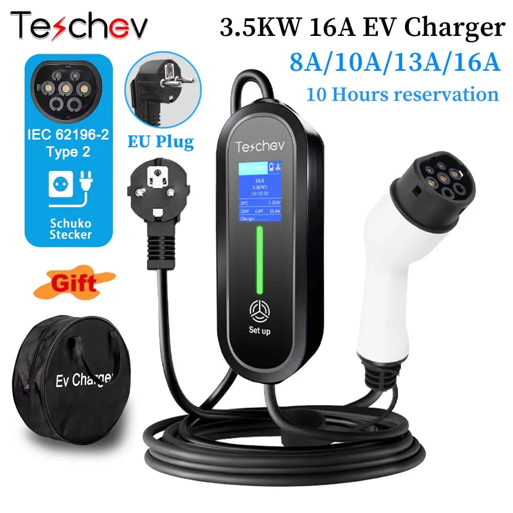 Teschev 3.5KW chargeur EV Portable Type 1 J1772 16A câble de charge GBT Wallbox EVSE Type 2 Stations de charge pour véhicule électrique
