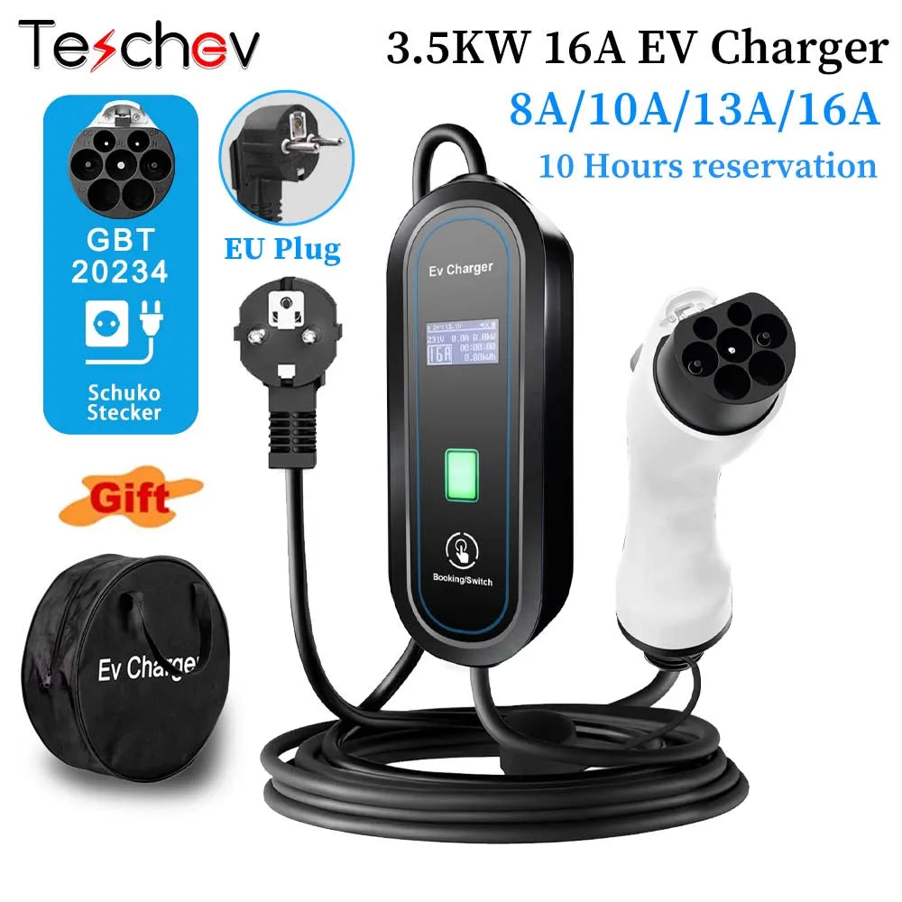 Teschev 3.5KW chargeur EV Portable Type 1 J1772 16A câble de charge GBT Wallbox EVSE Type 2 Stations de charge pour véhicule électrique