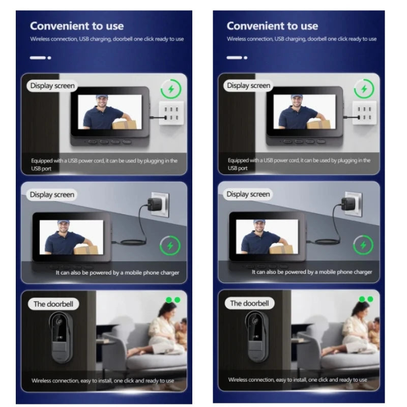 Sonnette d'interphone sans fil avec vision nocturne HD, écran IPS 4,3 pouces, caméra de sonnette visuelle étanche, sécurité domestique intelligente, vidéo par sonnette