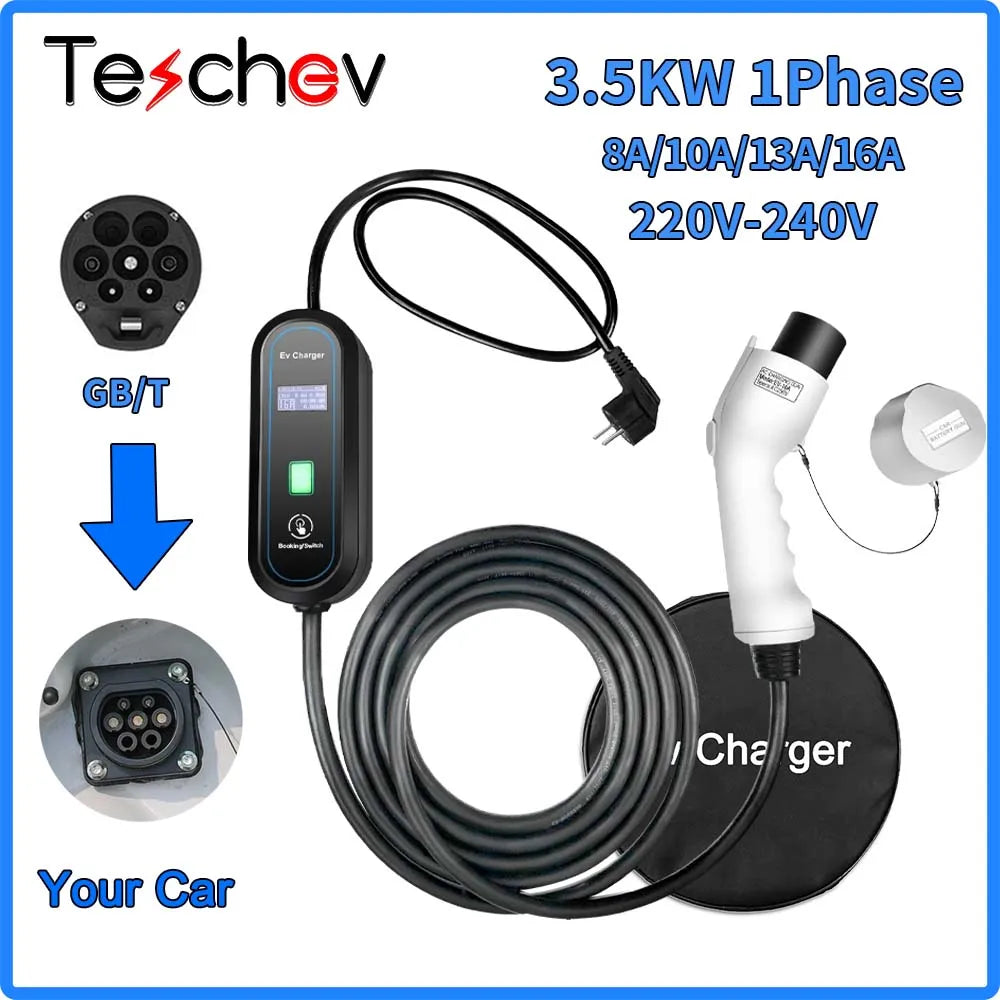 Teschev 3.5KW chargeur EV Portable Type 1 J1772 16A câble de charge GBT Wallbox EVSE Type 2 Stations de charge pour véhicule électrique