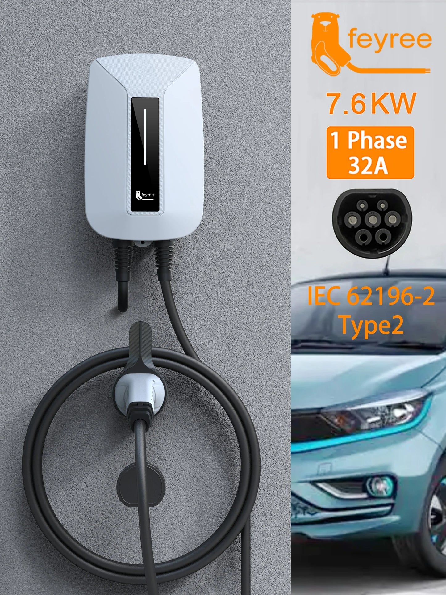 Feyree EV chargeur Type2 prise EVSE Wallbox 32A 7KW prise IEC62196-2 1 Phase 5m câble Station de charge murale pour voiture électrique
