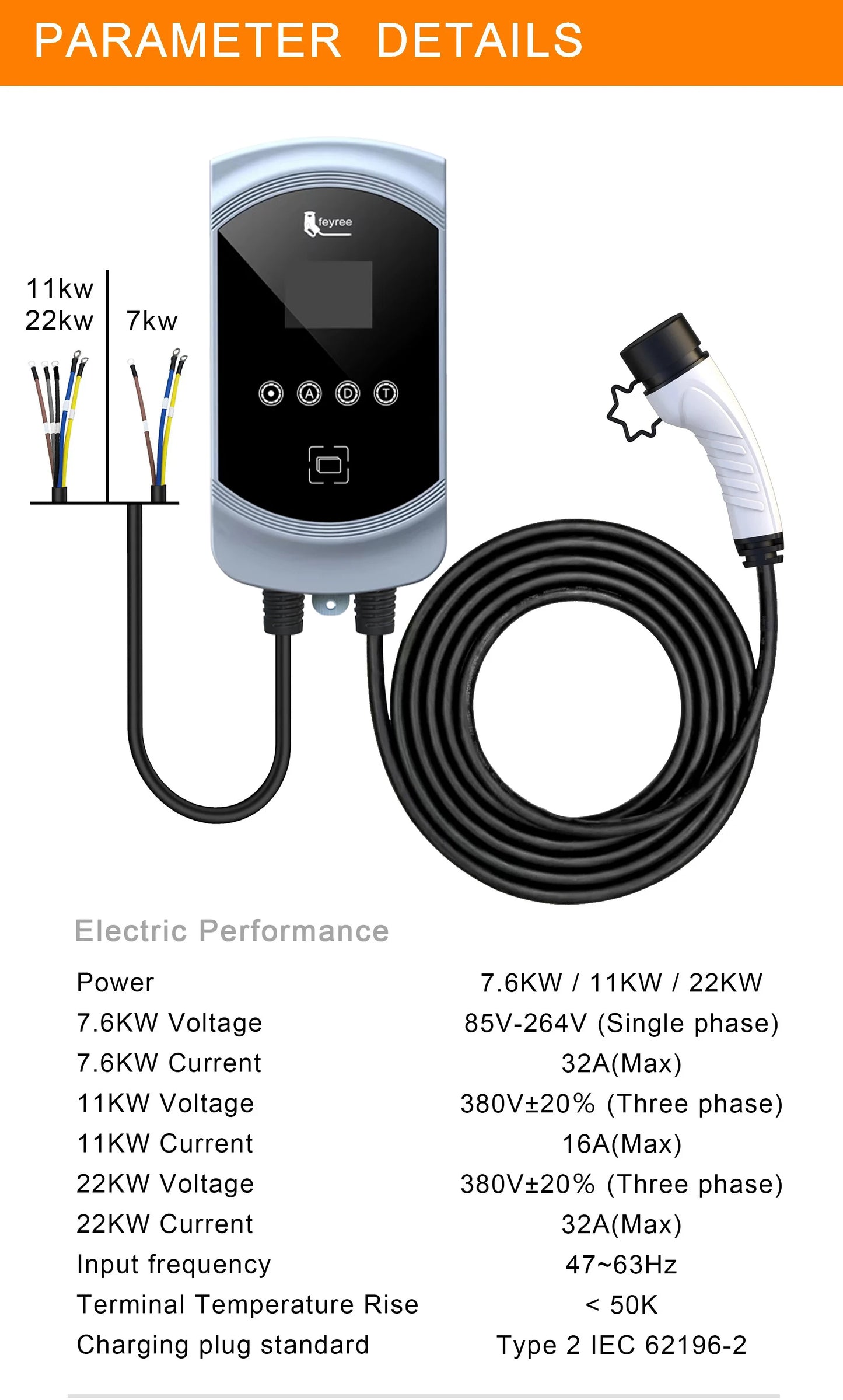 EVSE Wallbox 11KW 22KW Prise IEC62196-2 Triphasée Andrea Control pour Voiture Électrique Fey123 EV Chargeur 32A 7.6KW Vope2 Cable Car