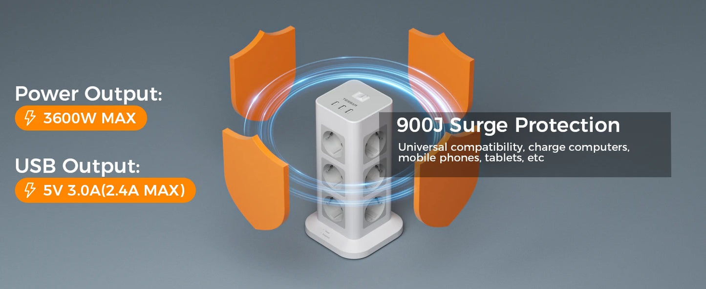 TESSAN Tour Extension Multiprise Protection contre les surtensions (1700J) avec 8 prises AC et 3 Ports USB Prise Multiple avec interrupteur pour la maison