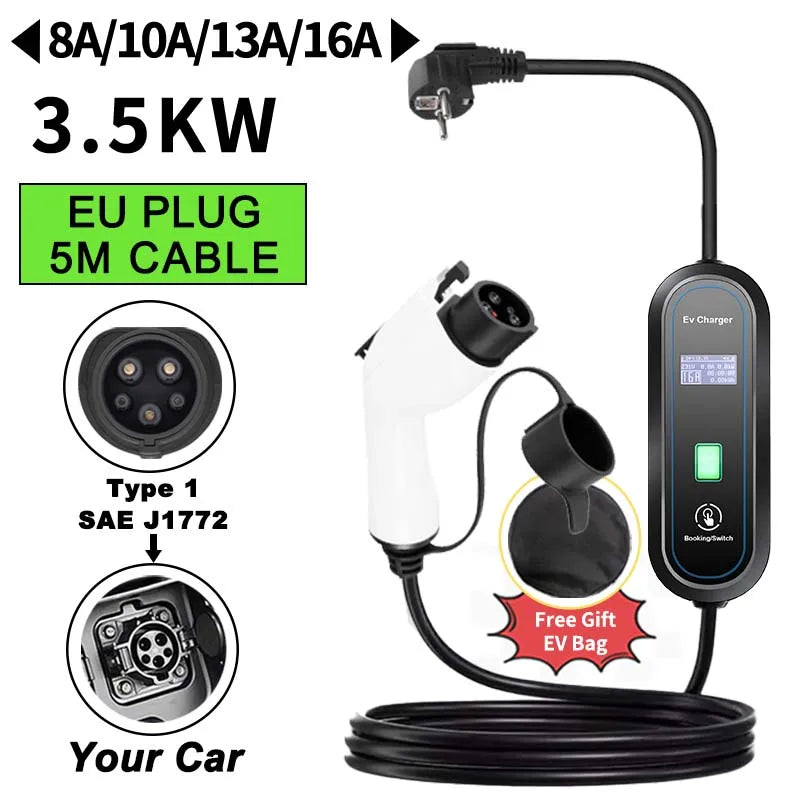 Teschev chargeur EV Portable 220V 3.5KW J1772 Type 1 IEC62196-2 Type 2 chargeur 16A chargeur à courant réglable pour voiture électrique