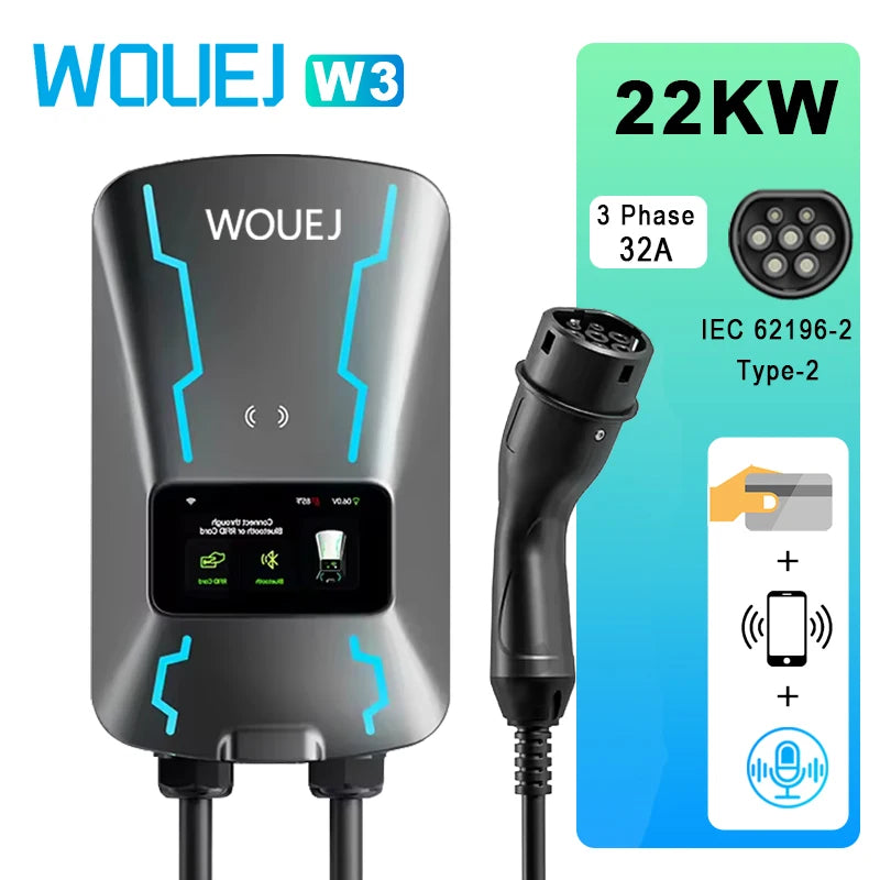 WOUEJ EV Station de charge W3 Type 2 7KW 32A 1 phase chargeur de véhicule électrique Wallbox APP commande vocale carte RFID écran LCD