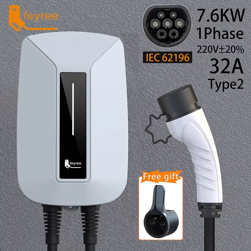 Feyree EV chargeur Type2 prise EVSE Wallbox 32A 7KW prise IEC62196-2 1 Phase 5m câble Station de charge murale pour voiture électrique
