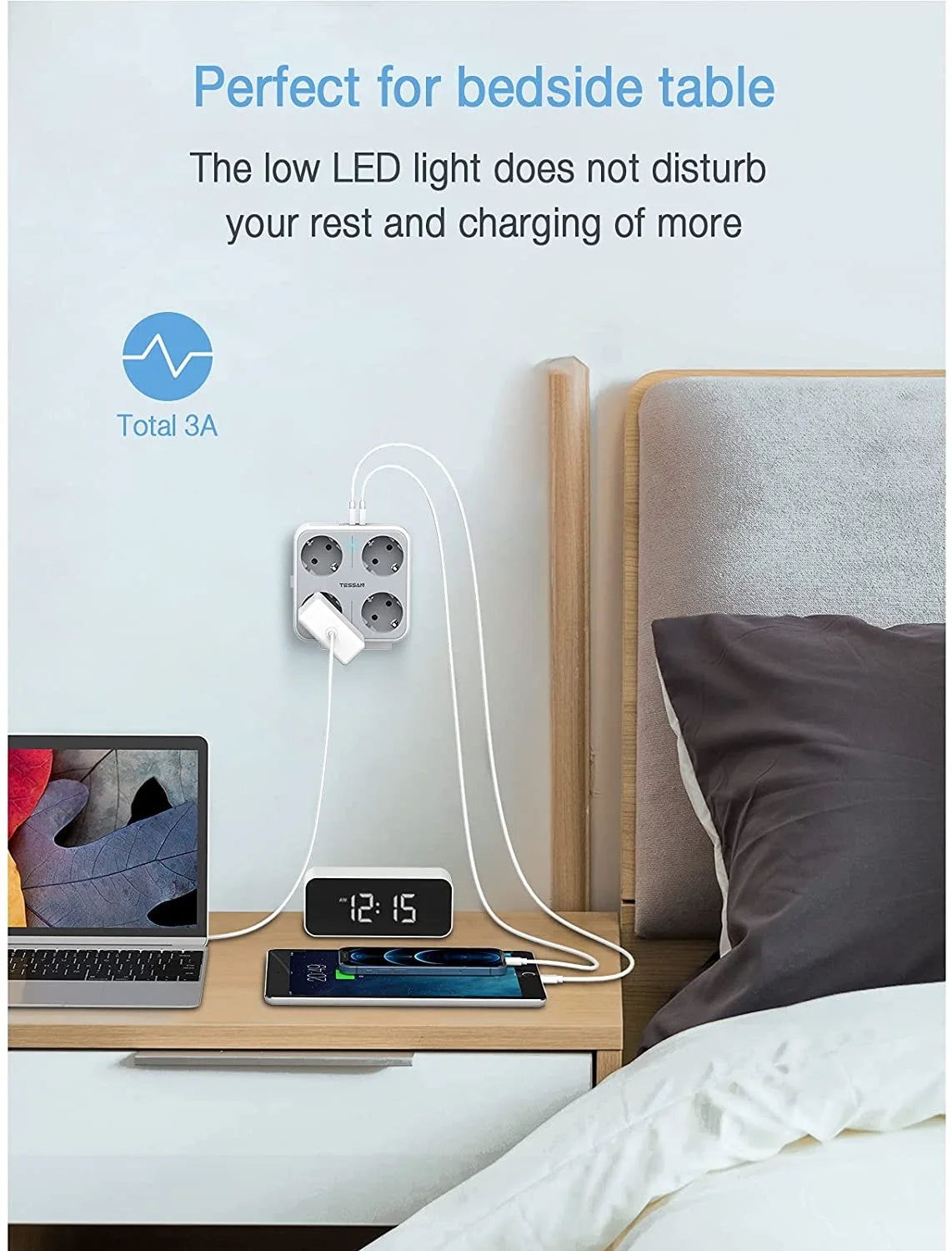 TESSAN multiprise à prises murales multiples avec 4 prises ca et 3 Ports USB adaptateur 7 en 1 protection contre les surcharges pour le bureau à domicile