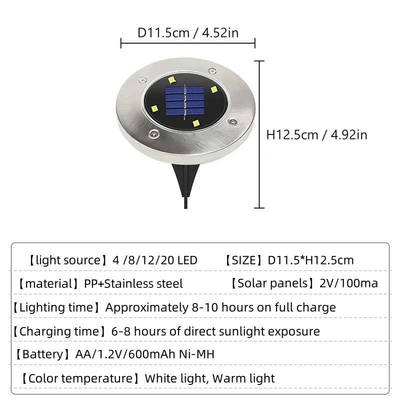 8/20LED disque solaire extérieur lumière IP65 jardin extérieur solaire lampes souterraines pont lumière enterré solaire jardin lumière décorative