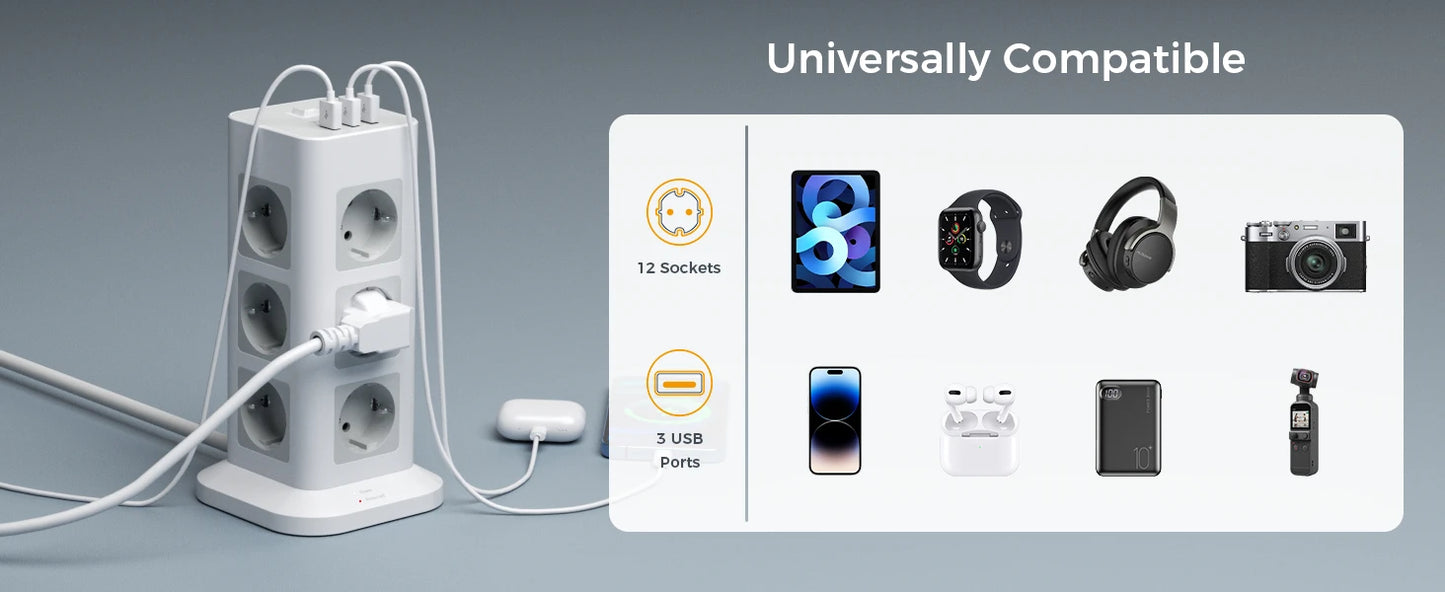 TESSAN Tour Extension Multiprise Protection contre les surtensions (1700J) avec 8 prises AC et 3 Ports USB Prise Multiple avec interrupteur pour la maison