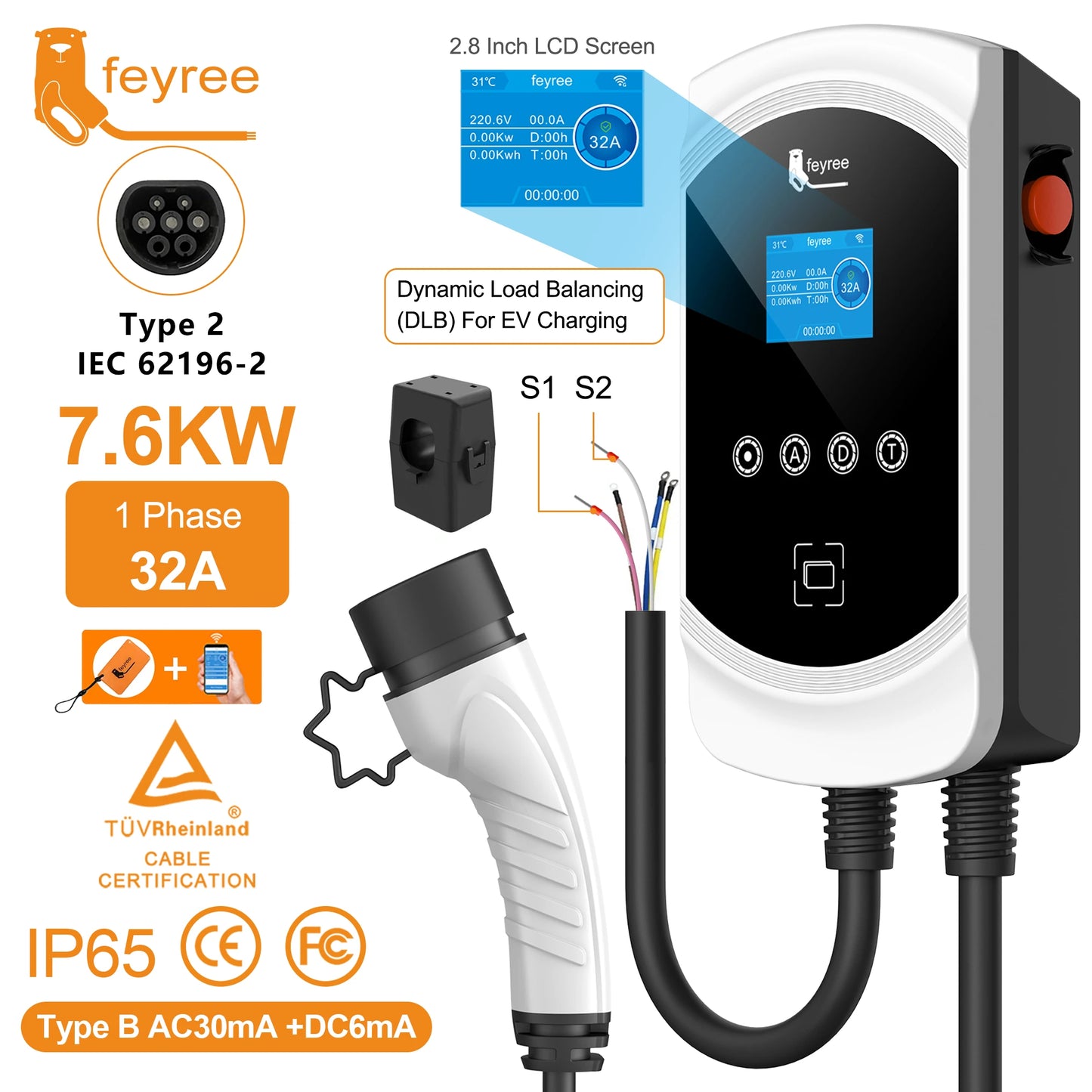 Feyree EV chargeur Type2 câble 32A 7.6kW charge dynamique blancage EVSE Wallbox APP fonction 11kW 22kW Station de charge voiture électrique