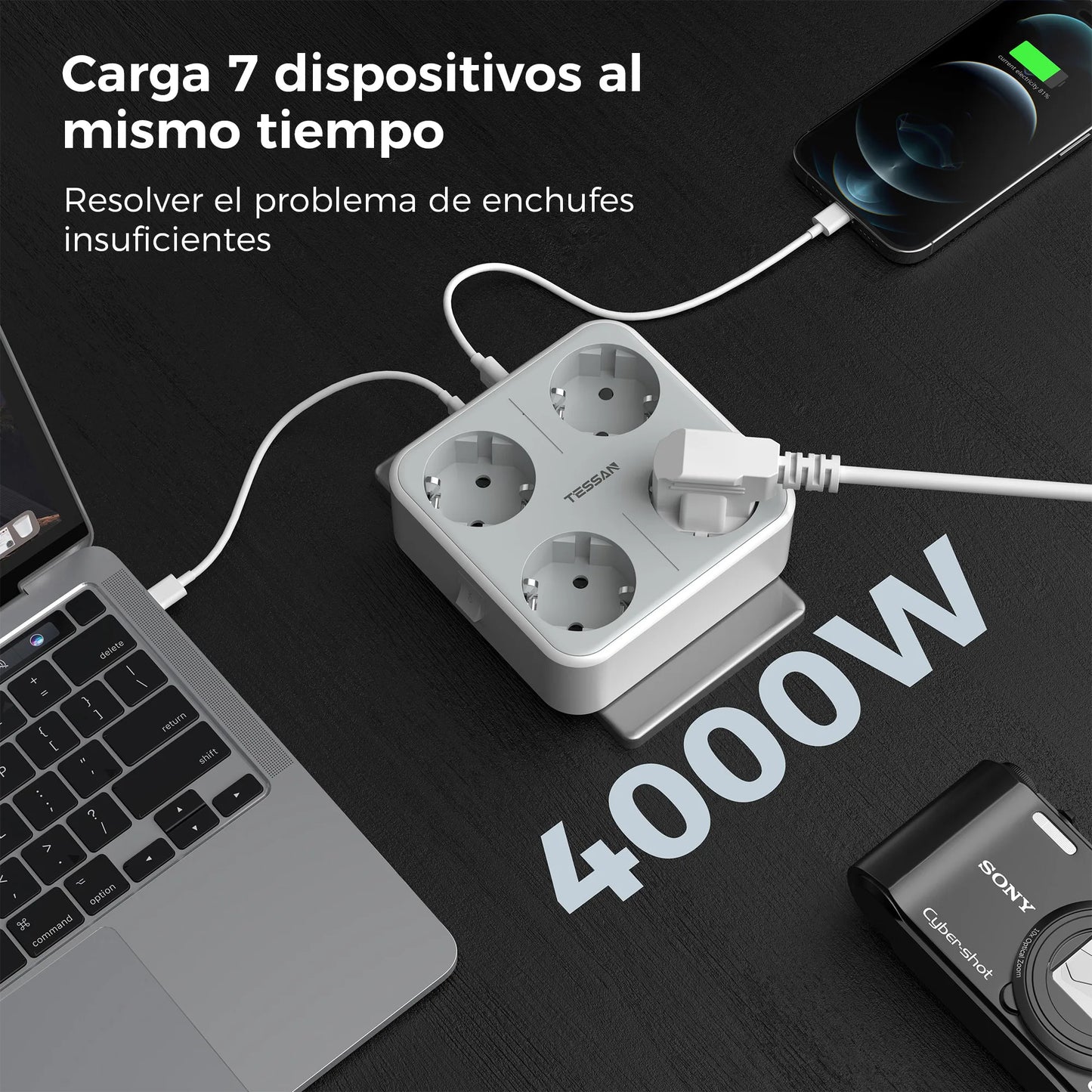 TESSAN multiprise à prises murales multiples avec 4 prises ca et 3 Ports USB adaptateur 7 en 1 protection contre les surcharges pour le bureau à domicile
