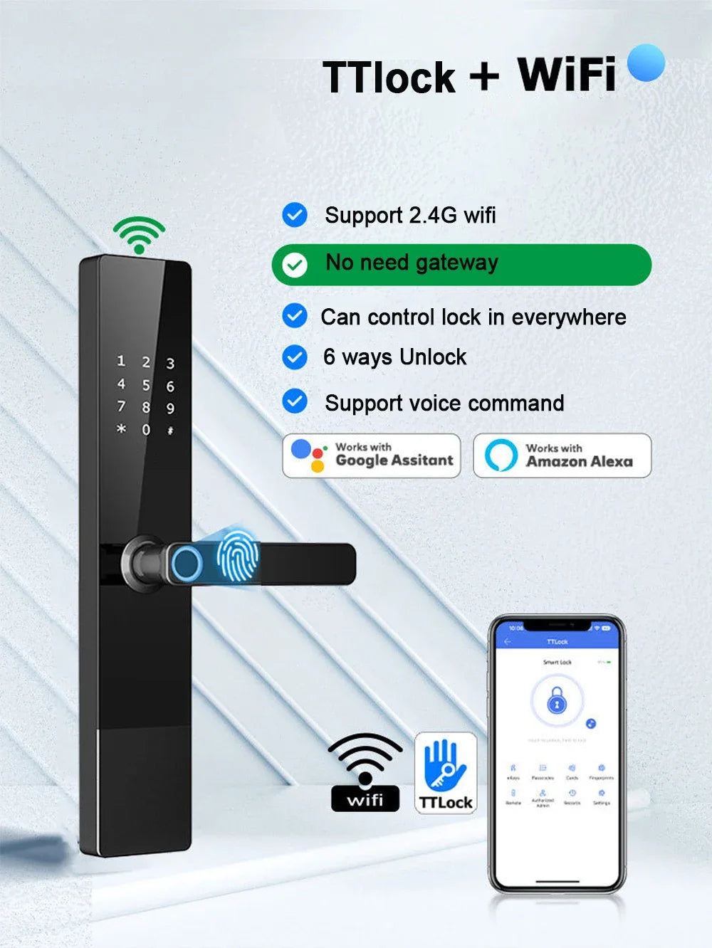 TTlock App se connecte sans passerelle serrure intelligente Wifi télécommande entrée sans clé serrure de porte à empreinte digitale numérique avec clavier
