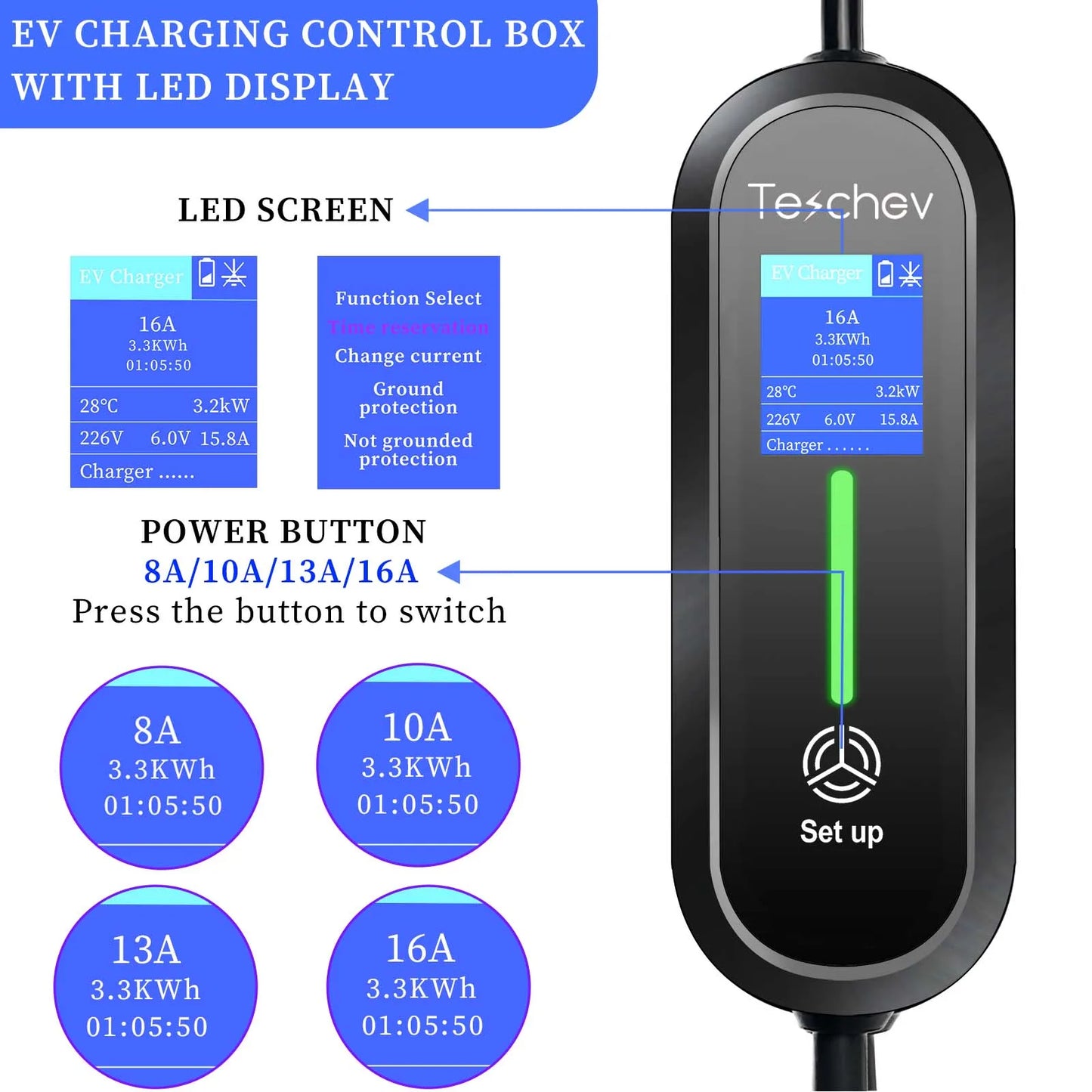 Teschev 3.5KW chargeur EV Portable Type 1 J1772 16A câble de charge GBT Wallbox EVSE Type 2 Stations de charge pour véhicule électrique