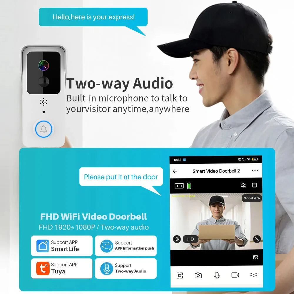 Sonnette vidéo WiFi 5G 2.4G, 1080P, Tuya, interphone intelligent sans fil pour l'extérieur, caméra sans fil étanche avec sonnerie d'alimentation AC/DC