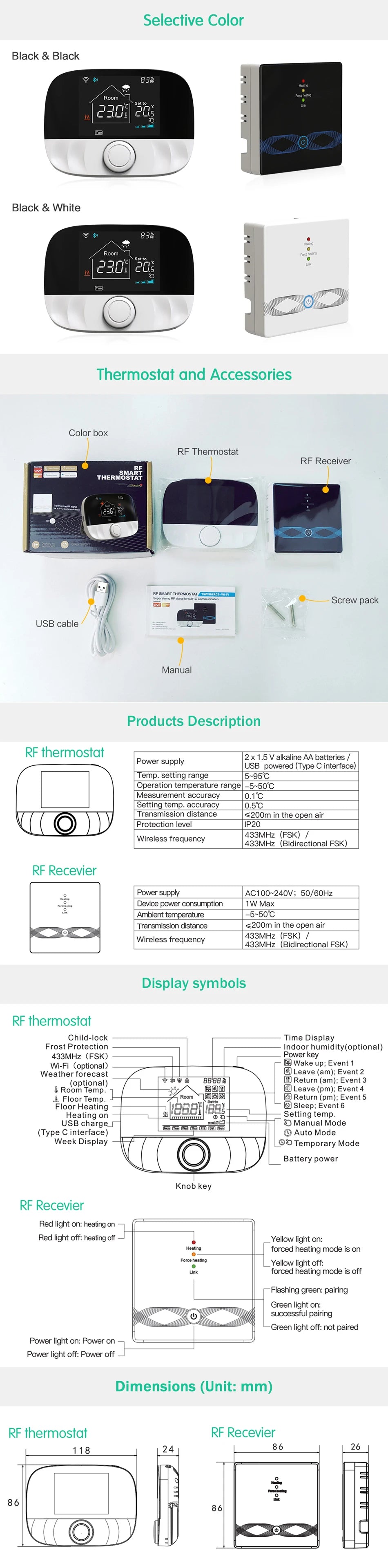 Thermostat sans fil WiFi RF433, pour chauffage au sol, eau, chaudière à gaz, pièce de maison, contrôleur de température Programmable intelligent Tuya