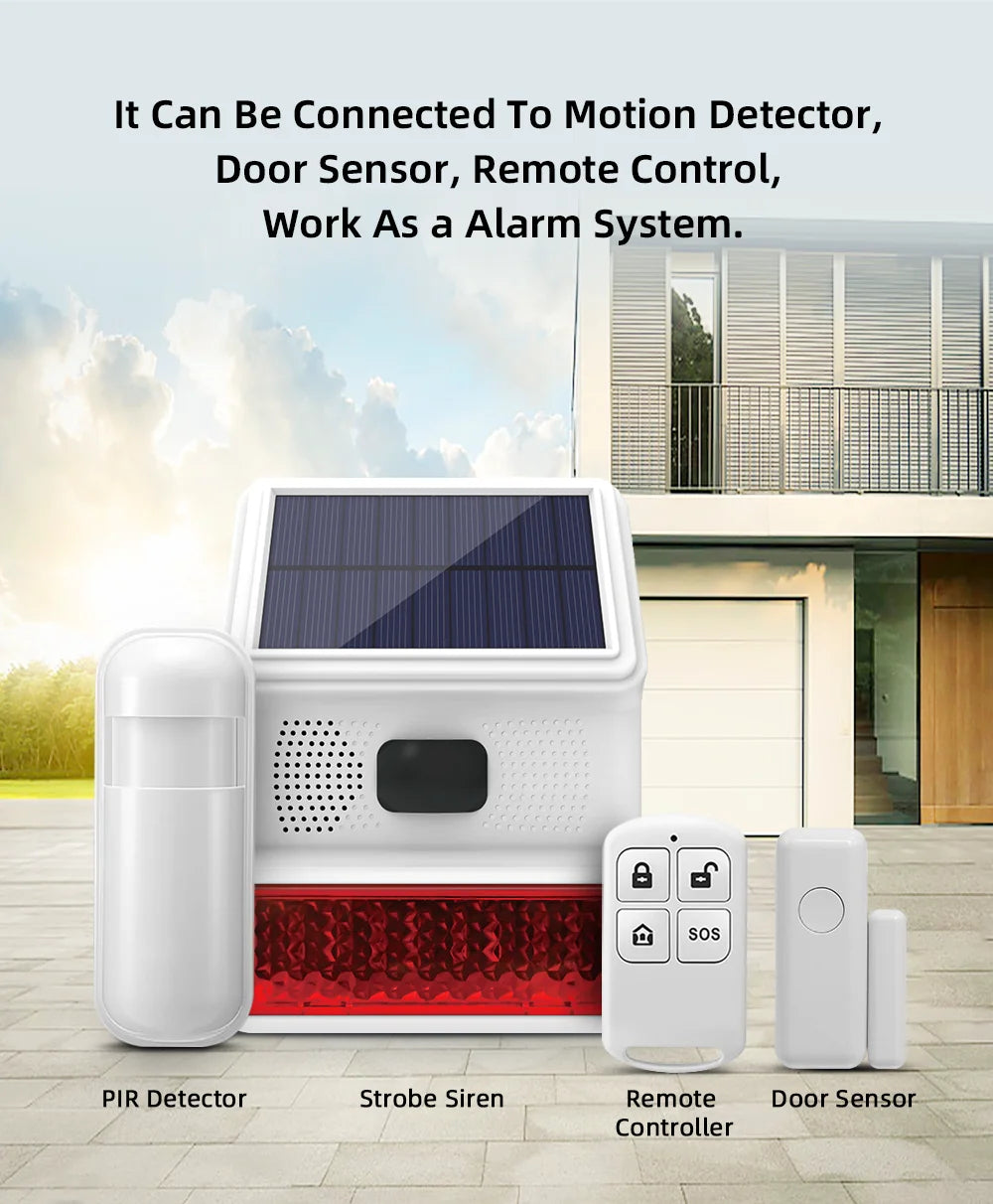 Smarsecur-Sirène Solaire Extérieure Étanche avec Lumière Clignotante LED, Système d'Alarme pour Abri de Garage Domestique, 433MHz