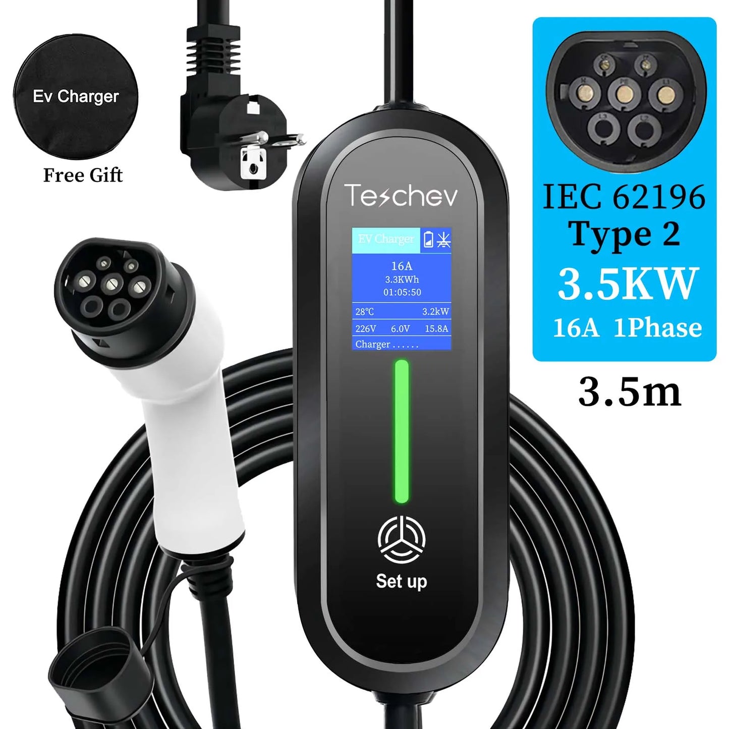 Teschev chargeur EV Portable 220V 3.5KW J1772 Type 1 IEC62196-2 Type 2 chargeur 16A chargeur à courant réglable pour voiture électrique