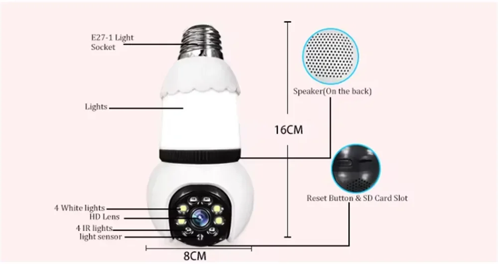 5MP lampe E27 ampoule WiFi caméra LED ampoule caméra IP intelligente surveillance PTZ 8X Zoom suivi Audio bidirectionnel Vision nocturne caméra sans fil