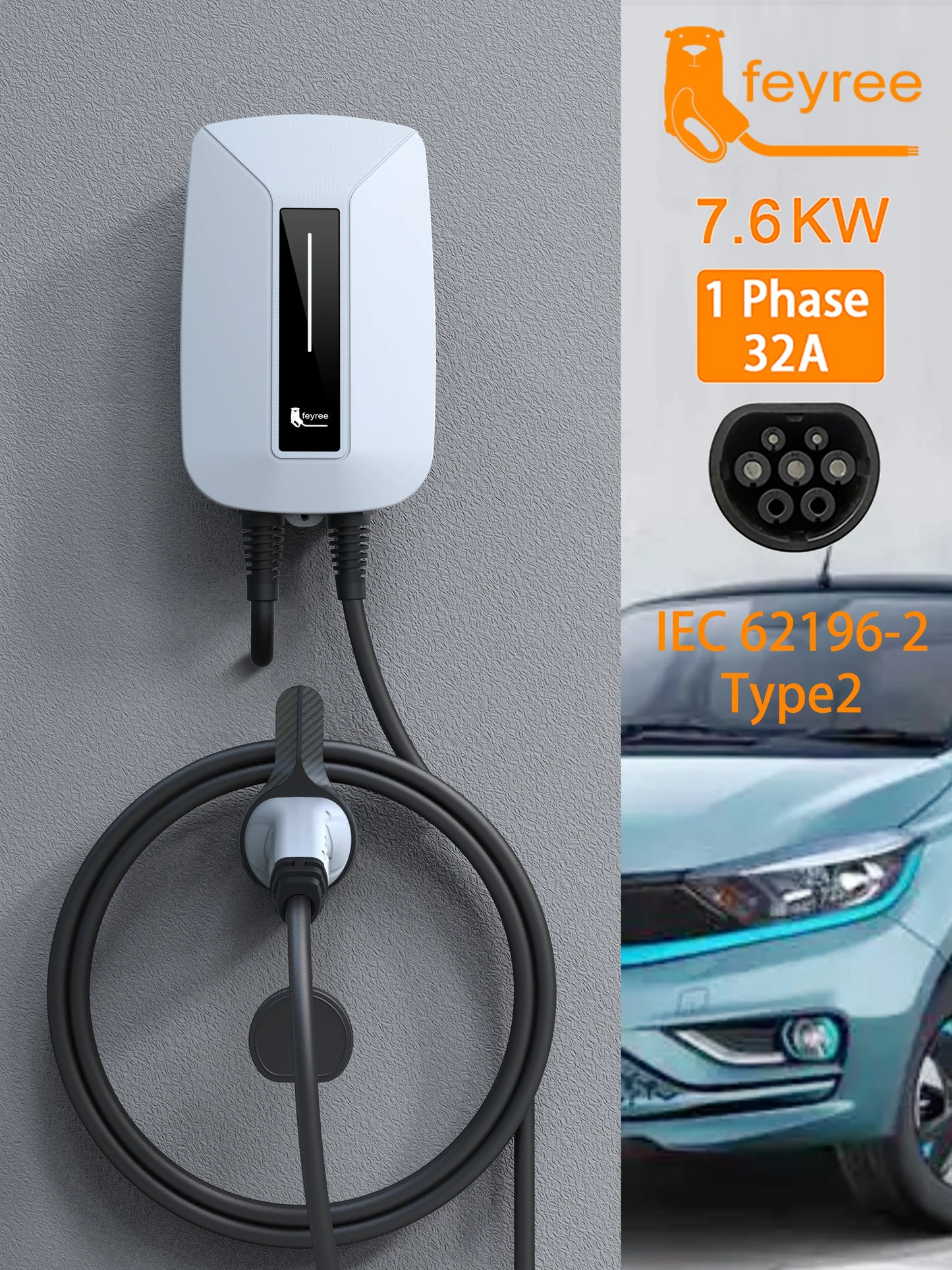 Feyree EV chargeur Type2 prise EVSE Wallbox 32A 7KW prise IEC62196-2 1 Phase 5m câble Station de charge murale pour voiture électrique