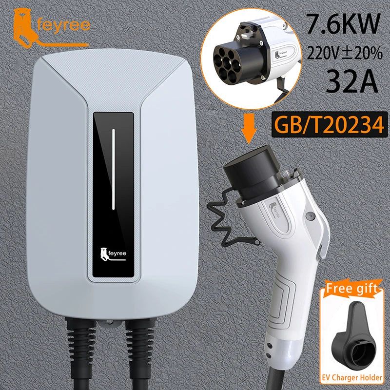 Feyree EV chargeur Type2 prise EVSE Wallbox 32A 7KW prise IEC62196-2 1 Phase 5m câble Station de charge murale pour voiture électrique