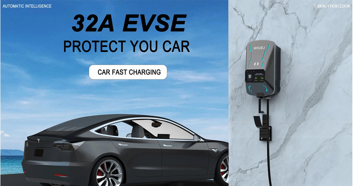 WOUEJ EV Station de charge W3 Type 2 7KW 32A 1 phase chargeur de véhicule électrique Wallbox APP commande vocale carte RFID écran LCD