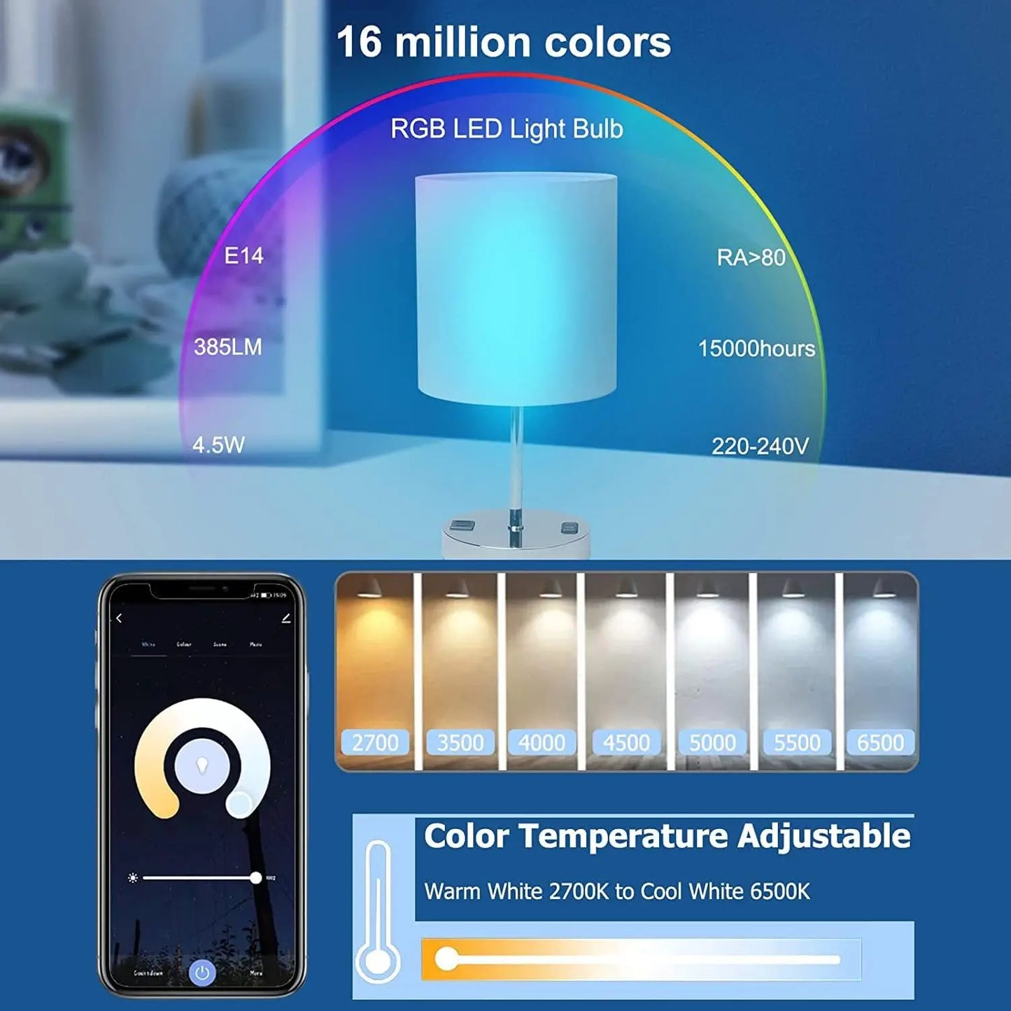 Ampoule intelligente Wi-Fi Alexa E14, 4.5W, 385Lm, 40W équivalent, RGBW blanc froid chaud, compatible avec Alexa, Google Home