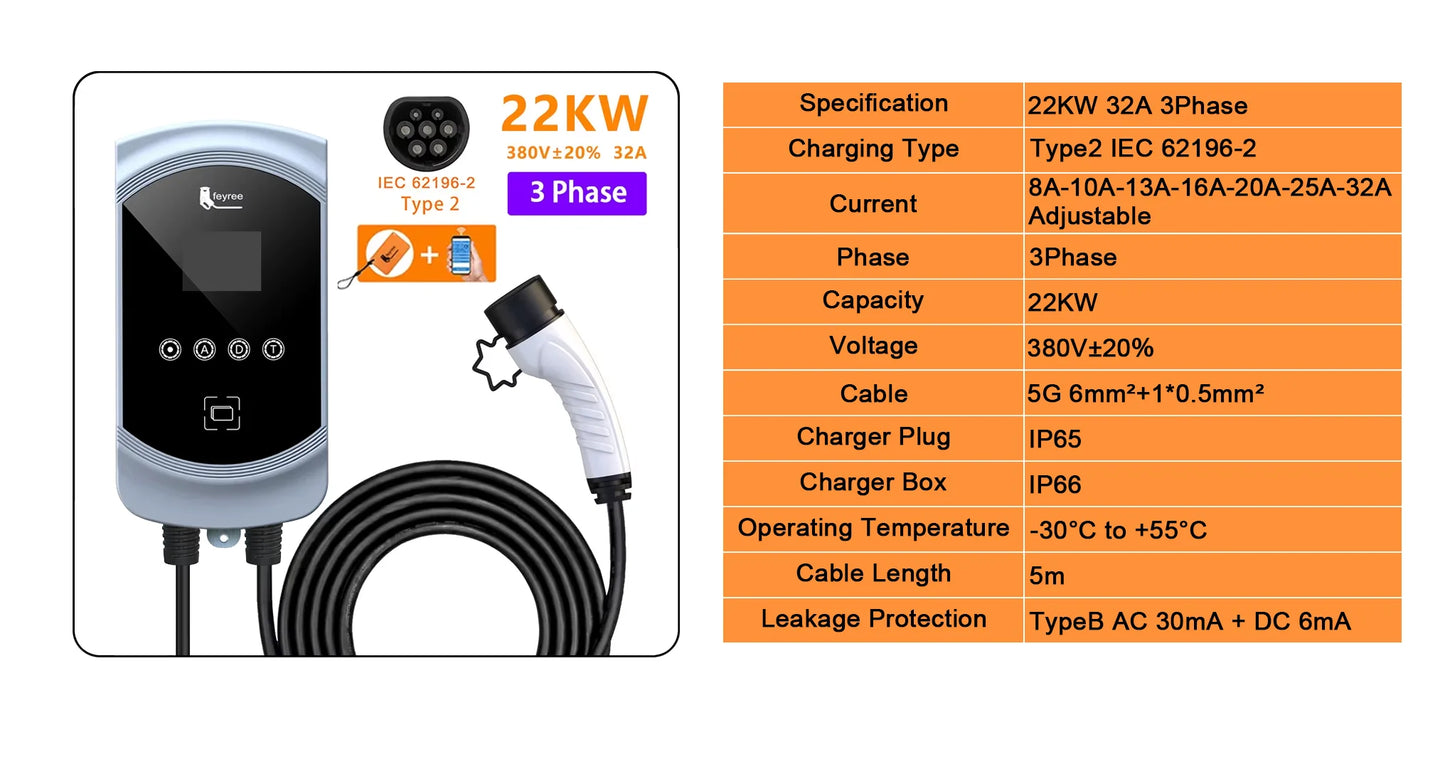 EVSE Wallbox 11KW 22KW Prise IEC62196-2 Triphasée Andrea Control pour Voiture Électrique Fey123 EV Chargeur 32A 7.6KW Vope2 Cable Car