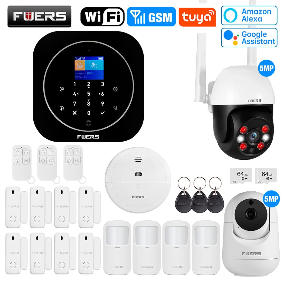 FUERS G12 Tuya WiFi GSM système d'alarme de sécurité sans fil maison affaires alarme antivol avec sirène RFID détecteur de mouvement capteur de fumée